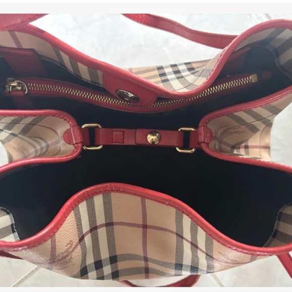BURBERRY CANTERBURY TOTE PURSE HAYMARKET NOVA CHECK & POUCH RED TRIM NICE - Picture 3 of 7